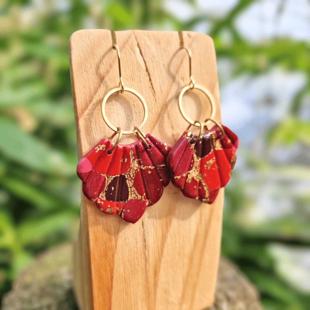 Close up Image for Option 1 of the Polymer Clay Reds and Gold Shell Hook Earrings, Hand Crafted in Dorset.