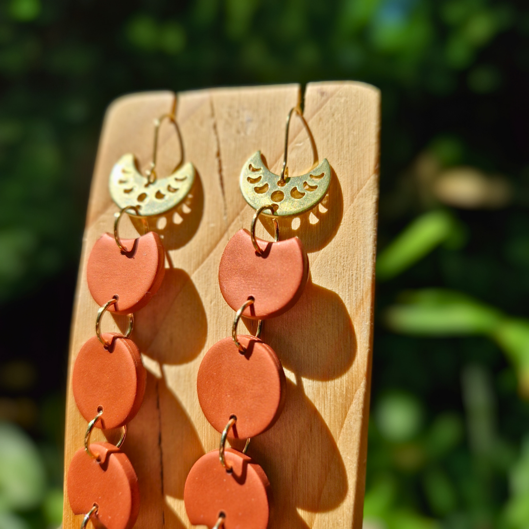 Close up Detail Picture of the Copper and Gold Moon Phase Drop Earrings made with Hypoallergenic Surgical Steel