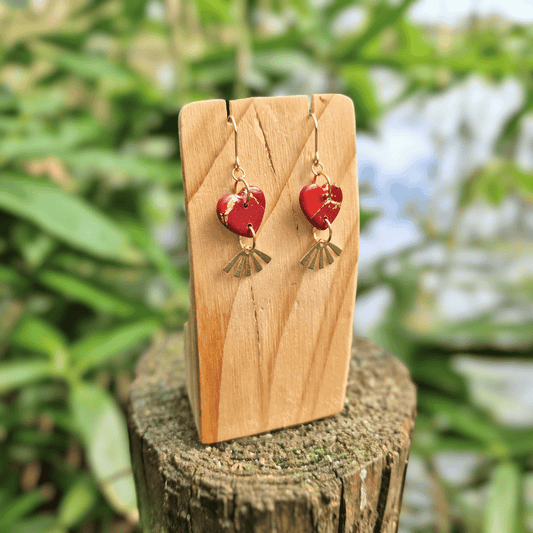 Thumbnail Image of our Zero Waste Red and Gold Heart Polymer Clay Earrings with Fan Charm Hand Crafted in Dorset.
