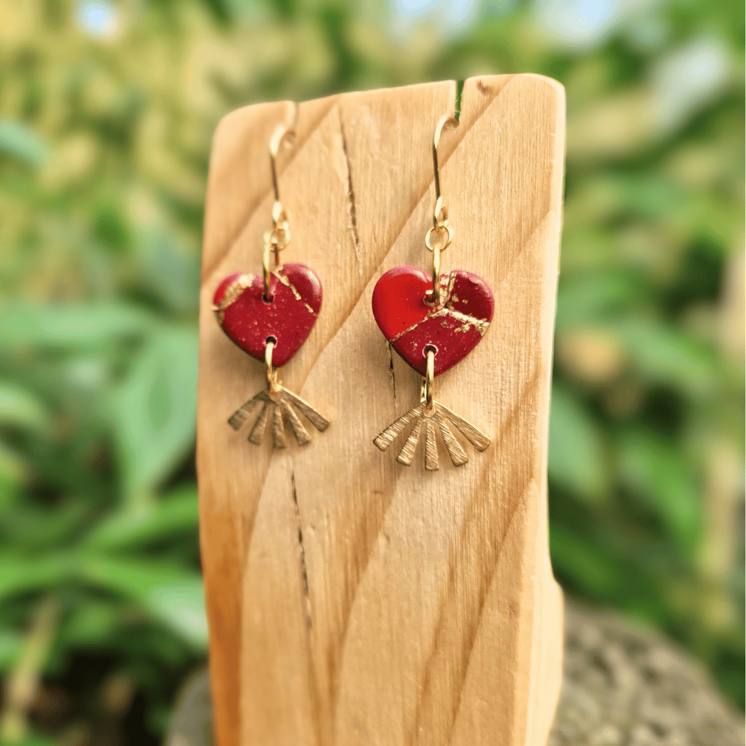 Heart Close up Image of our Reds and Gold Zero Waste Jewellery Collection, Hand Crafted in Dorset.