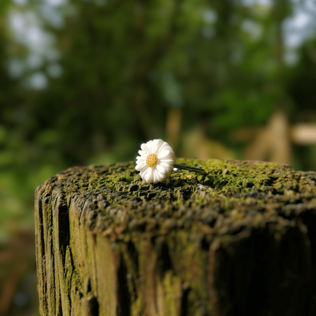 Intricate Polymer Clay Daisy Ring Shown on Wooden Post, Hand Crafted in Dorset.