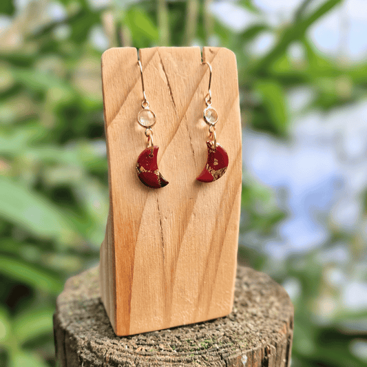 Option 1 Thumbnail of the Zero Waste Red and Gold Polymer Clay Moon Earrings Hand Crafted in Dorset.
