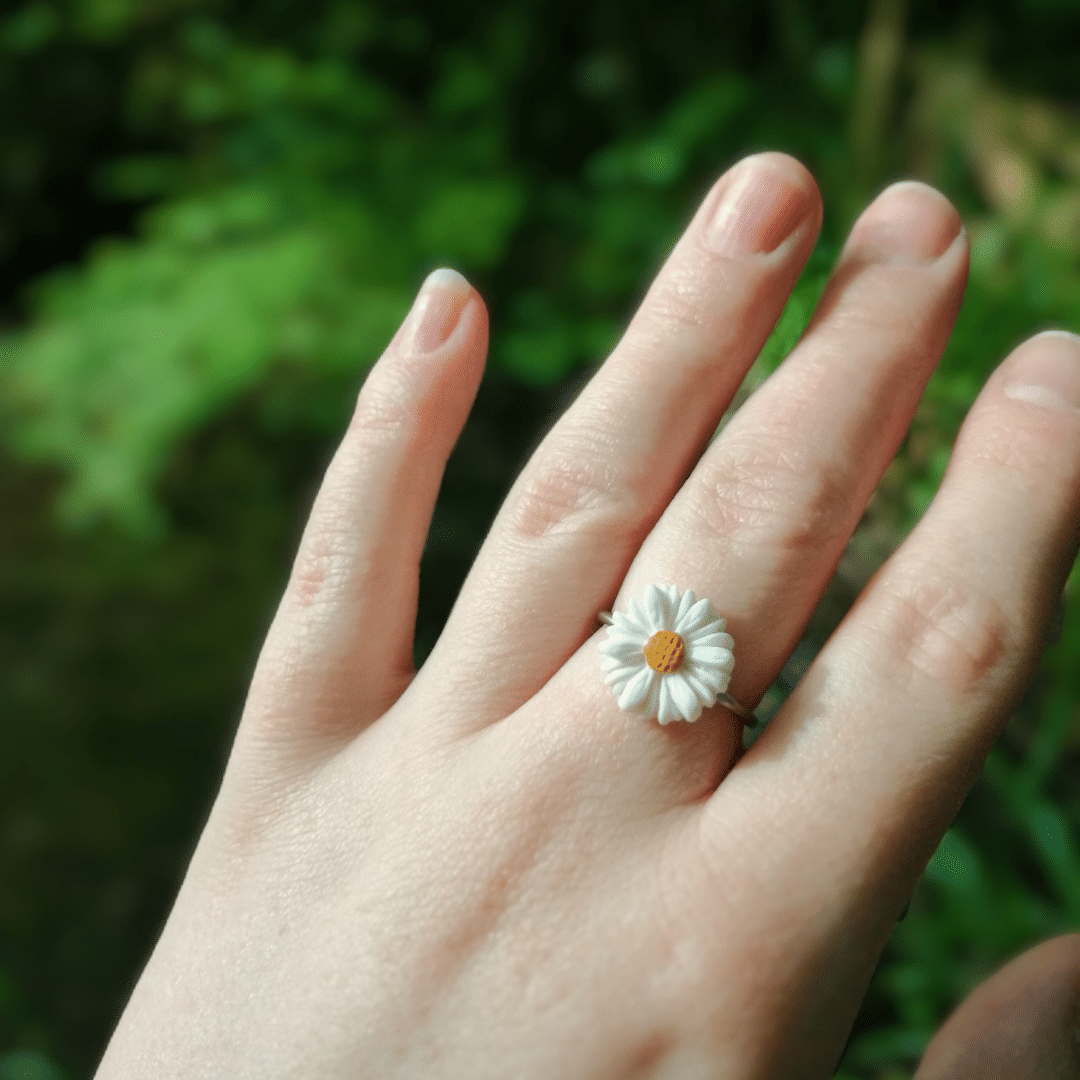 Adjustable Minimalist Daisy Ring Being Worn on Finger for Scale.