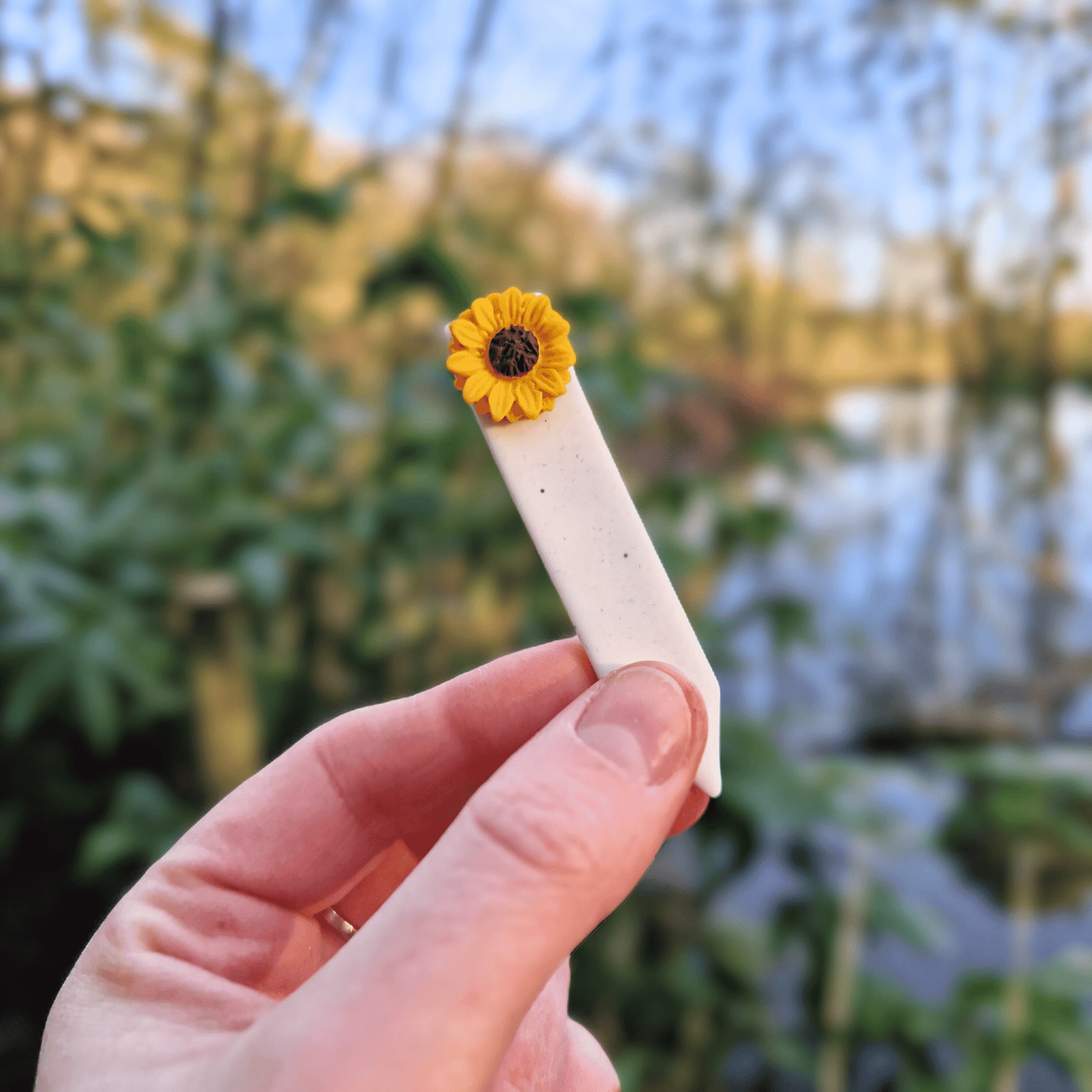 Joyful Sunflower decorative polymer clay plant tag thumbnail.