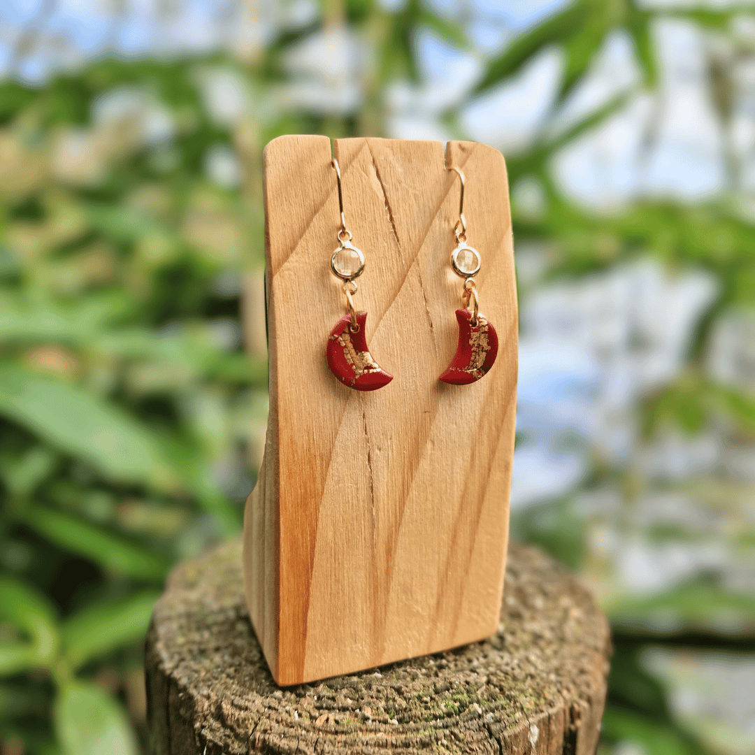 Option 2 Thumbnail of the Zero Waste Red and Gold Polymer Clay Moon Earrings Hand Crafted in Dorset.