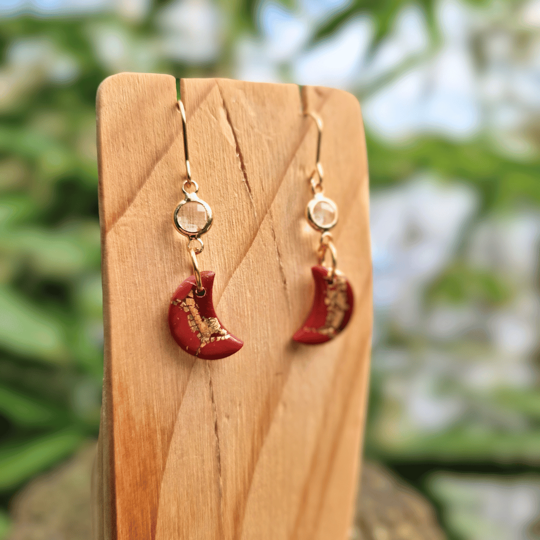 Close up Image for Option 2 of the Crescent Moon Reds and Gold Zero Waste Earrings Hand Crafted in Dorset.