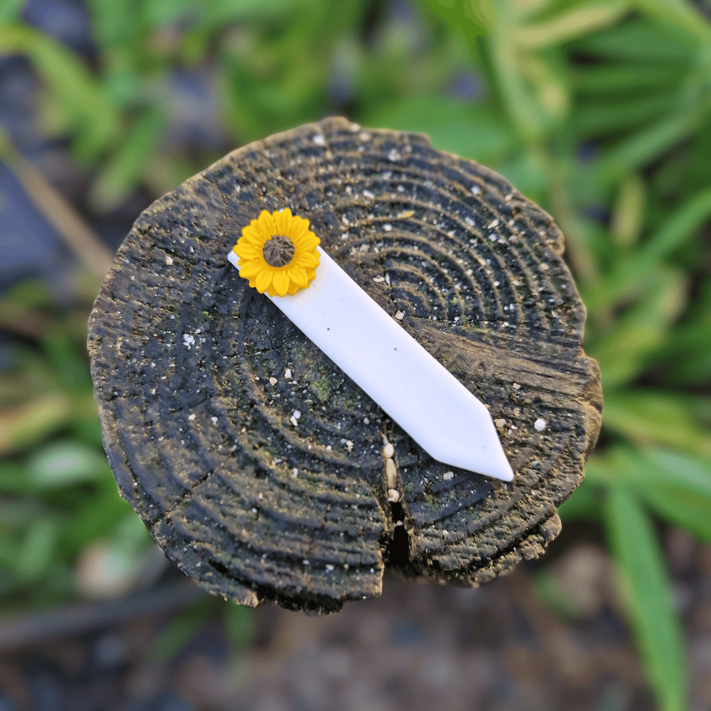 Decorative Sunflower plant tag, hand crafted in Dorset using polymer clay.