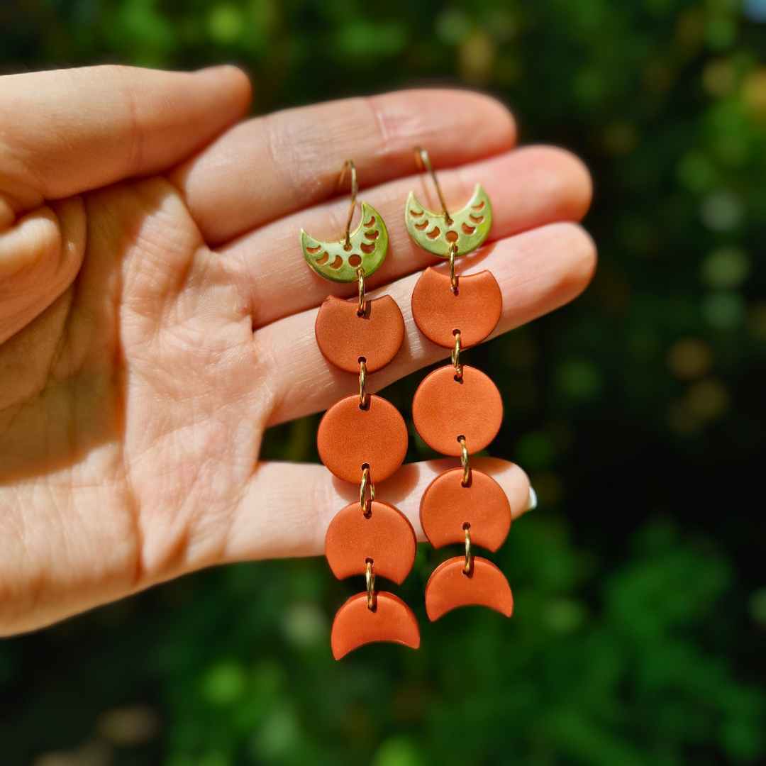 Hand for Scale Copper and Gold Moon Phase Drop Earrings Hand Crafted in Dorset using Polymer Clay