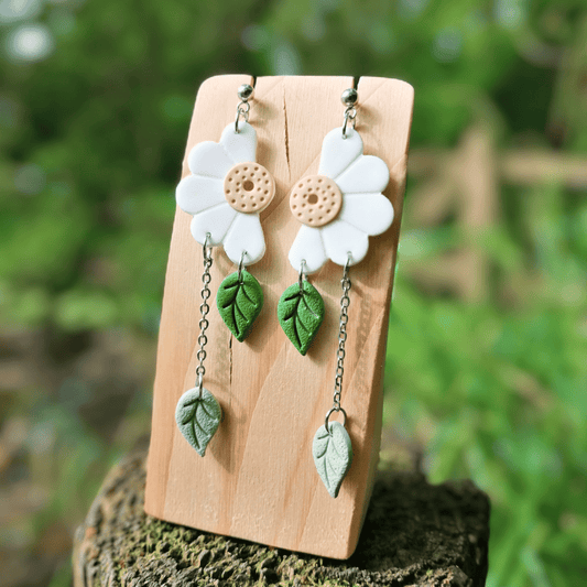 White Joyful Polymer Clay Mirrored Daisy and Leaf Drop Studs, Hand Crafted in Dorset.