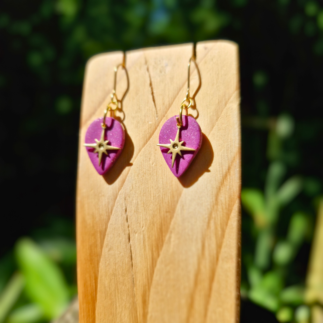 Glitter Purple Polymer Clay North Star Teardrop Earrings Detail Shot