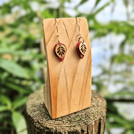 Thumbnail Image for the Reds and Gold Zero Waste Polymer Clay Teardrop Leaf Hooks, Hand Crafted in Dorset.