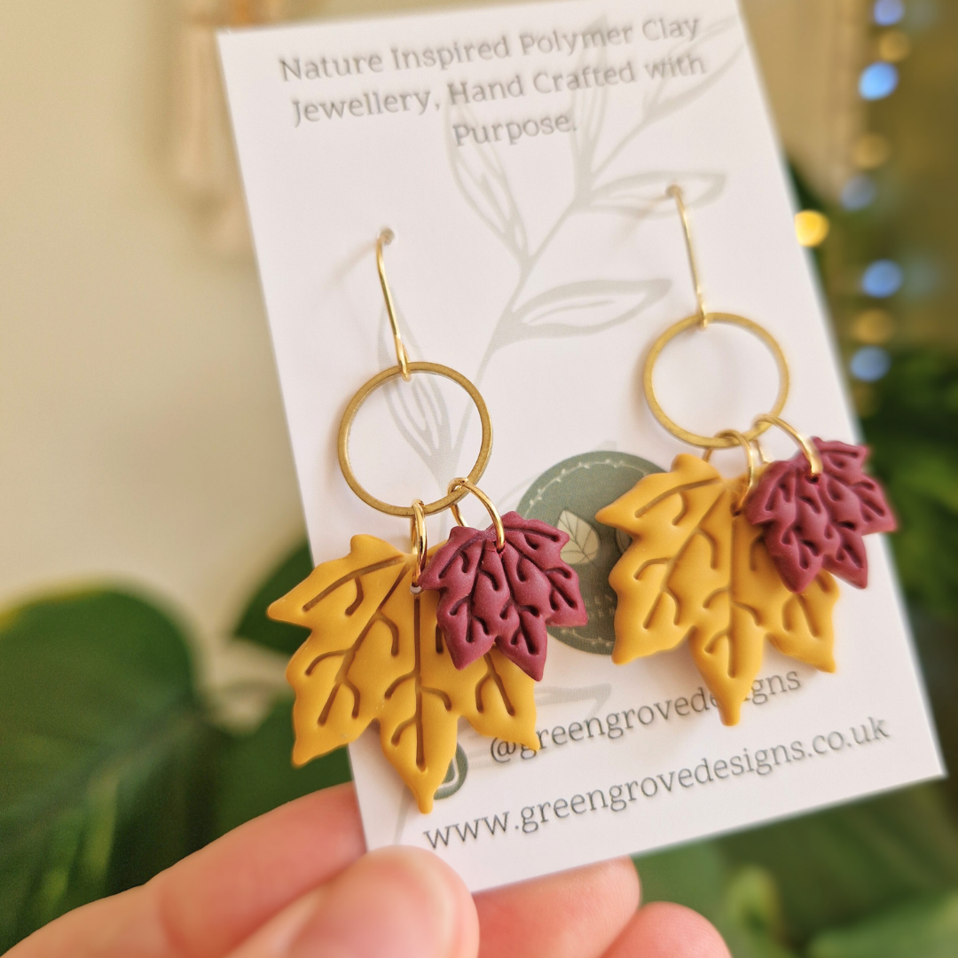 Duo Maple Leaf Drop Earrings with Brass Accent