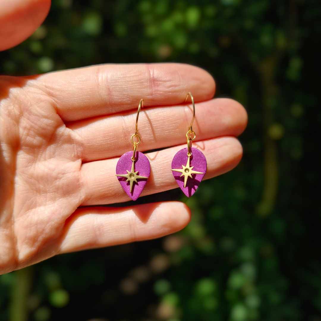 Glitter Purple Polymer Clay North Star Teardrop Earrings Hand for Scale