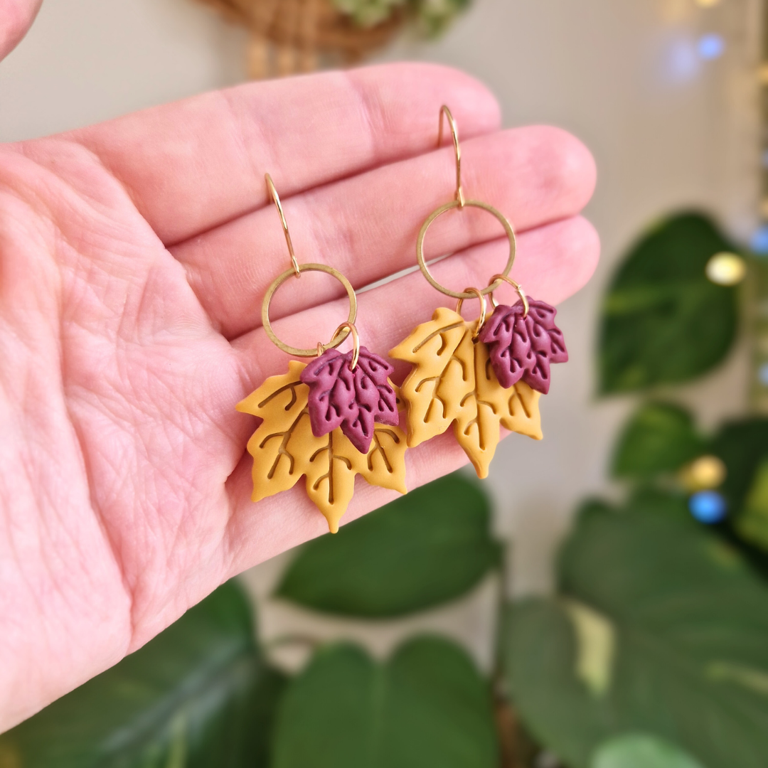 Duo Maple Leaf Drop Earrings with Brass Accent