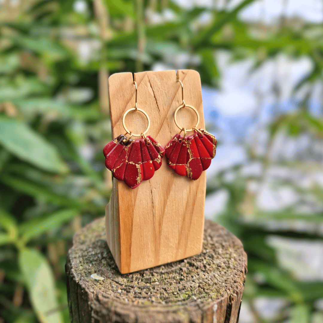 Thumbnail Image of Option 2 of the Polymer Clay Reds and Gold Zero Waste Fan Hooks, Hand Crafted in Dorset.