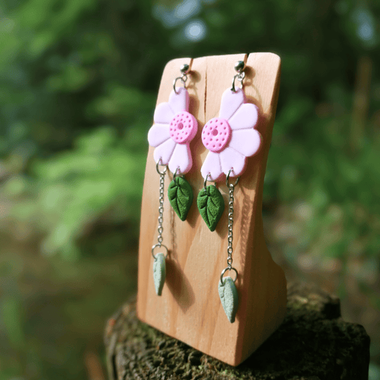 Pink Wild Daisy and Leaf Polymer Clay Statement Studs Hand Crafted in Dorset.