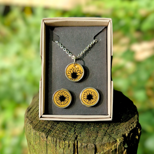 Sunflower Print Necklace & Studs Set