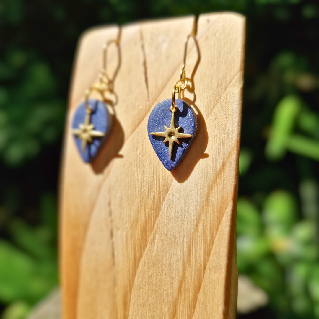 Close up Detail Image of the Glitter Blue North Star Teardrop Earrings