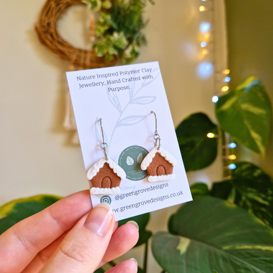 Snowy Gingerbread House Hook Earrings