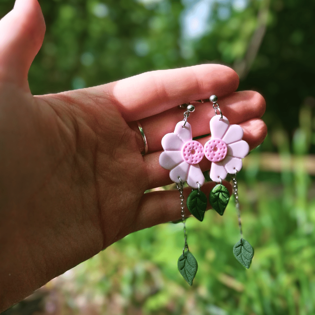 Pink Mirrored Wild Daisy Statement Drop Studs, Hand Crafted in Dorset, in Hand for Scale.