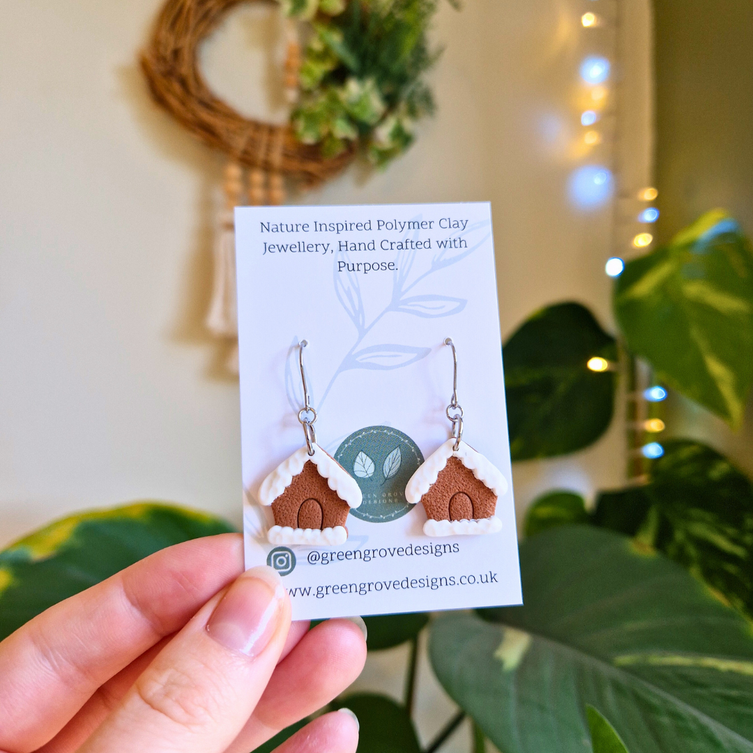 Snowy Gingerbread House Hook Earrings