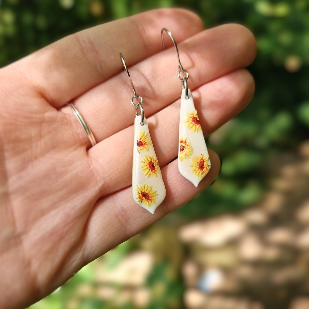 Pointed Teardrop Sunflower Transfer Hook Earrings