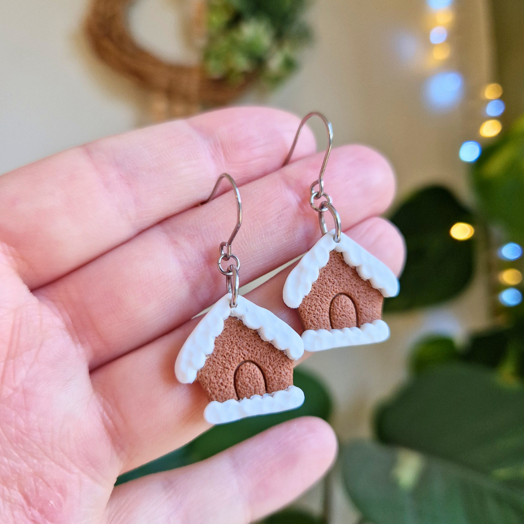 Snowy Gingerbread House Hook Earrings