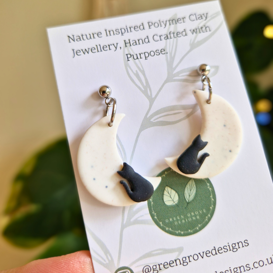 Crescent Moon and Black Cat Drop Stud Earrings