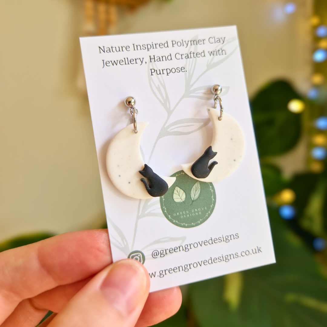 Crescent Moon and Black Cat Drop Stud Earrings