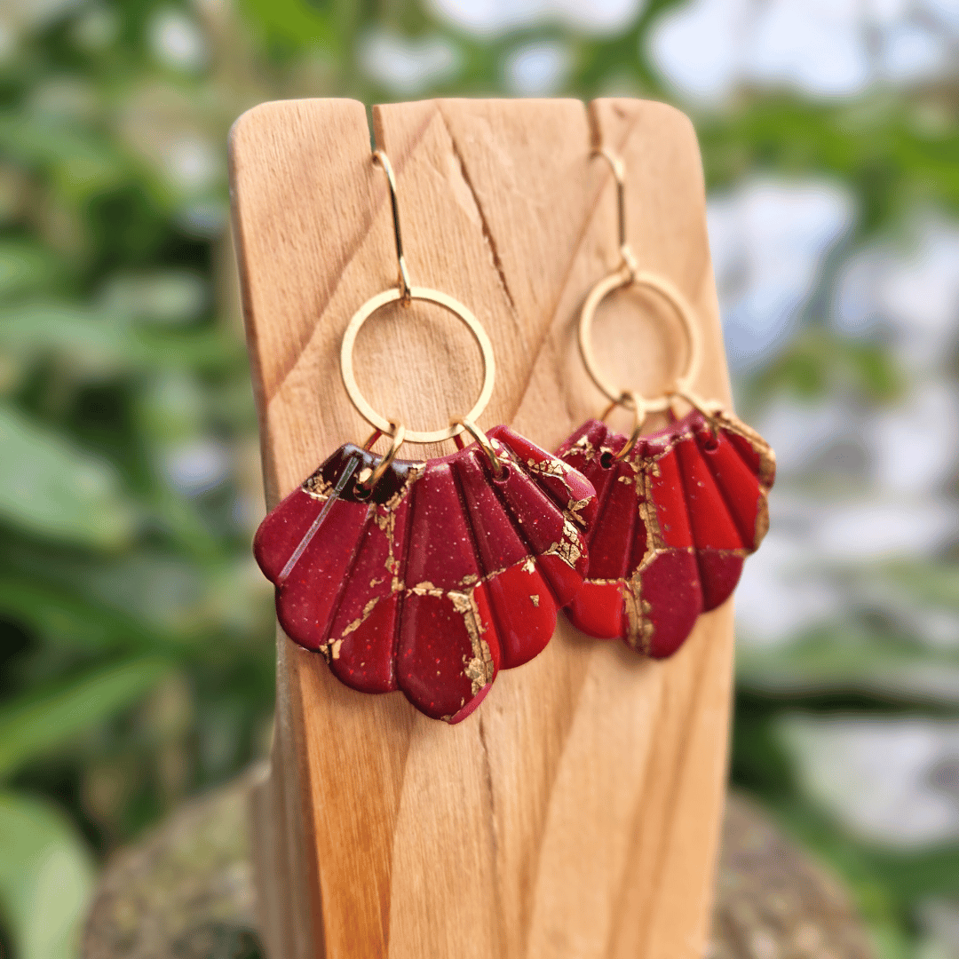 Close up Image for Option 2 of the Reds and Gold Polymer Clay Shell Earrings, Hand Crafted in Dorset.