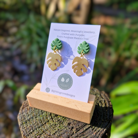 Monstera Polymer Clay and Brass Charm Drop Stud Earrings