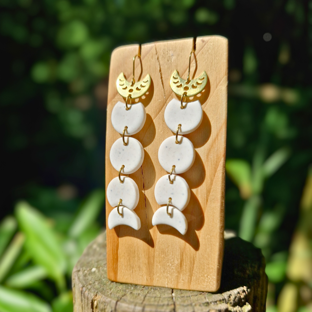 Speckled White and Gold Moon Phase Drop Earrings