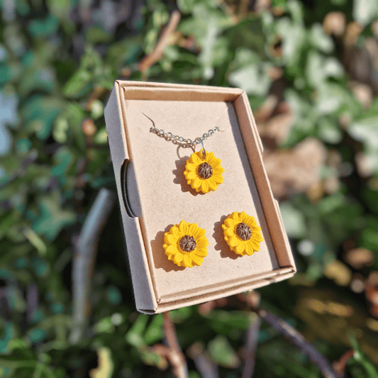Joyful Sunflower polymer clay necklace and stud set thumbnail.