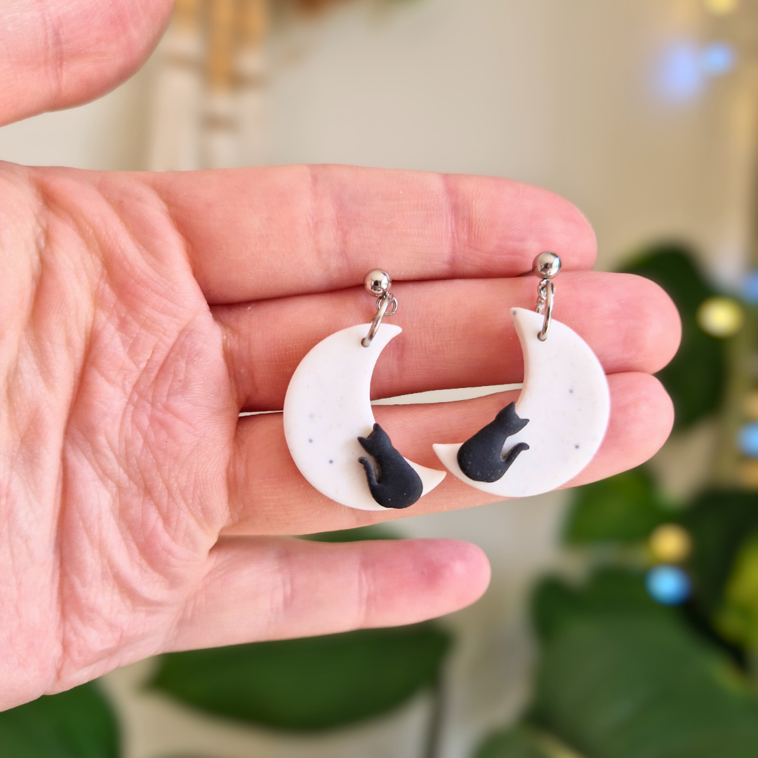Crescent Moon and Black Cat Drop Stud Earrings