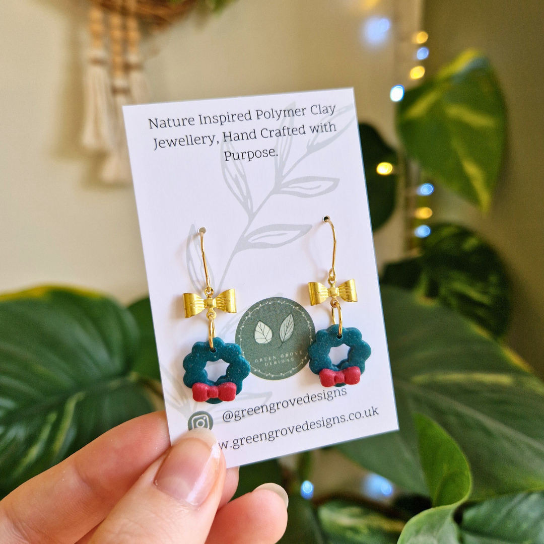 Christmas Wreath & Bow Hook Earrings (gold or silver)