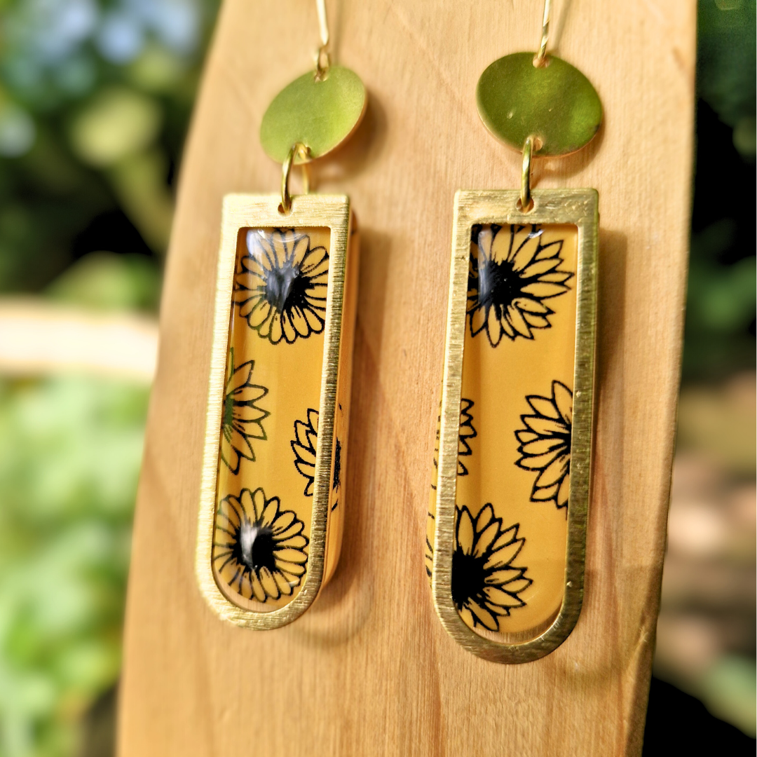 Statement Sunflower Print Long Arch Earrings