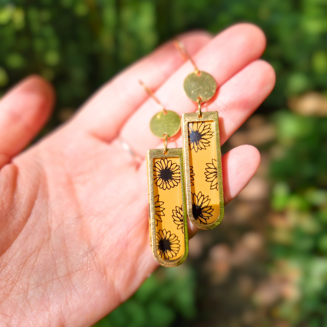 Statement Sunflower Print Long Arch Earrings