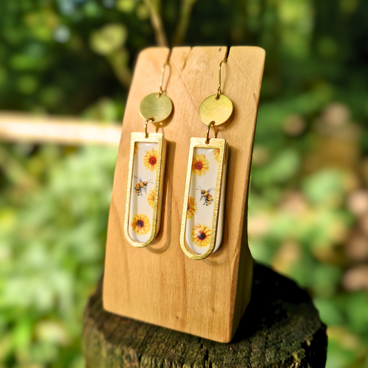 Joyful Bee and Sunflower Long Arch Earrings