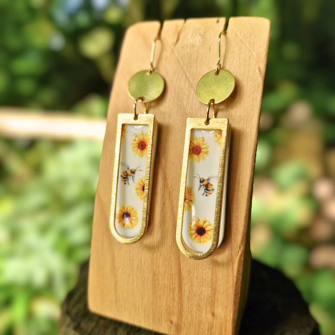 Joyful Bee and Sunflower Long Arch Earrings