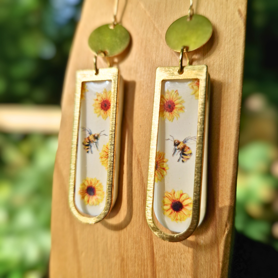 Joyful Bee and Sunflower Long Arch Earrings