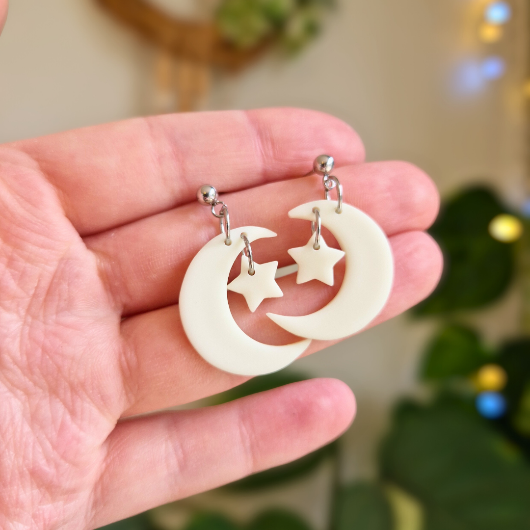 Glow in the Dark Moon and Star Drop Stud Earrings