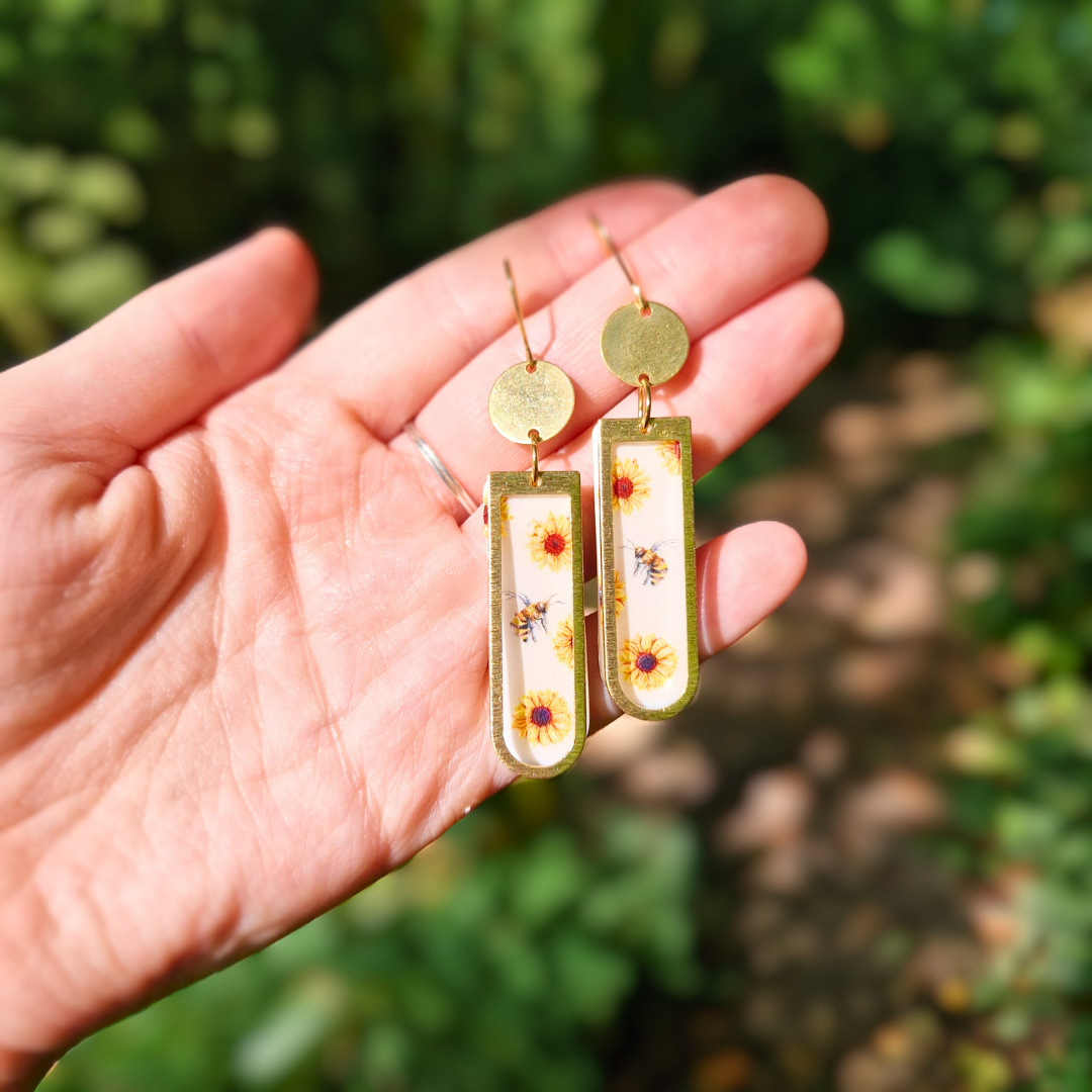 Joyful Bee and Sunflower Long Arch Earrings