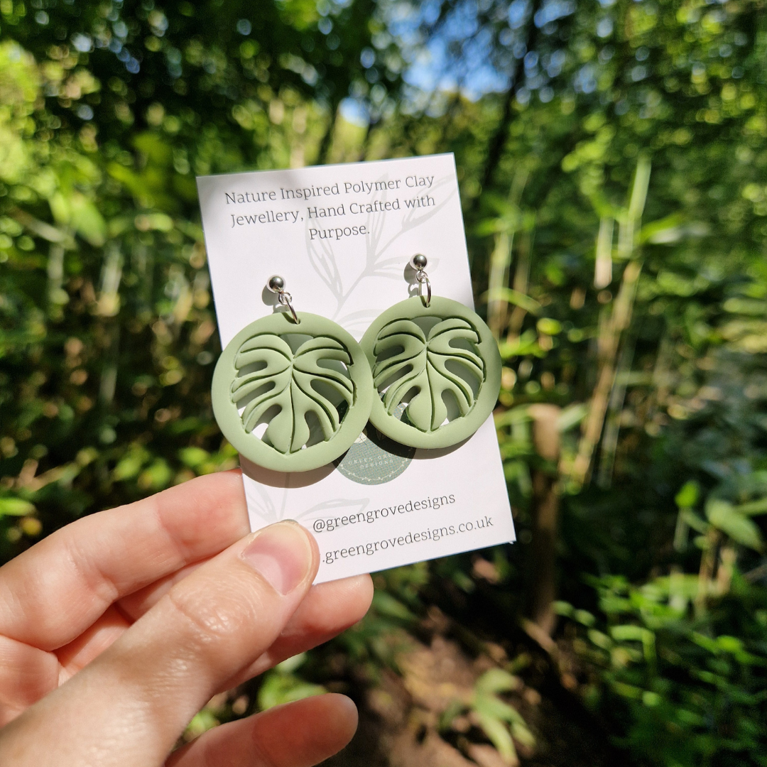 Statement Polymer Clay Circle Framed Monstera Drop Studs