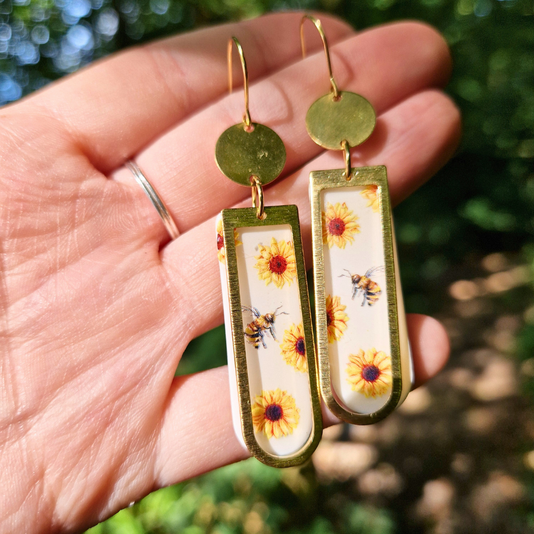 Joyful Bee and Sunflower Long Arch Earrings