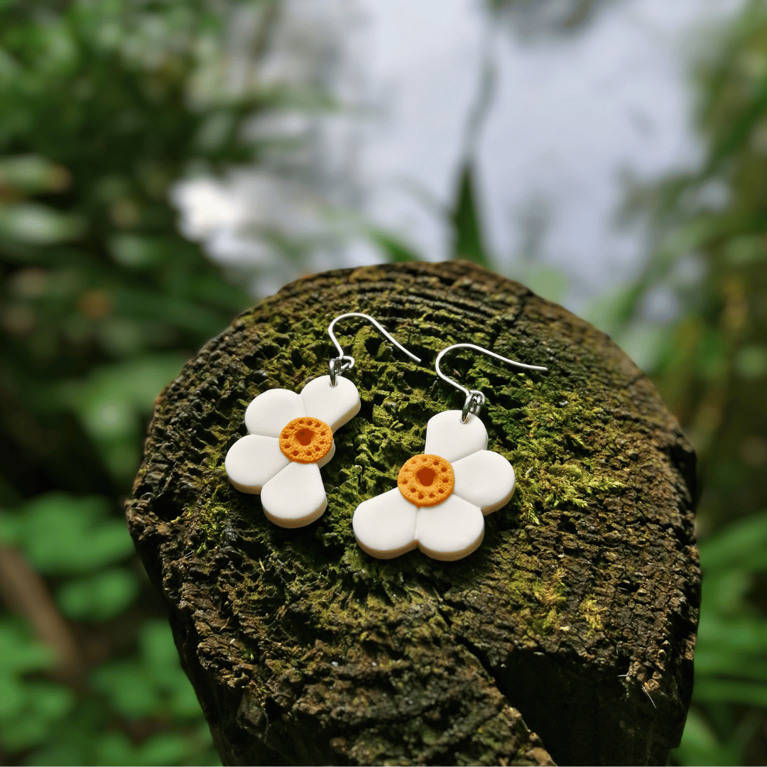 Half Daisy Polymer Clay Hook Earrings with Nature Background, Hand Crafted in Dorset.