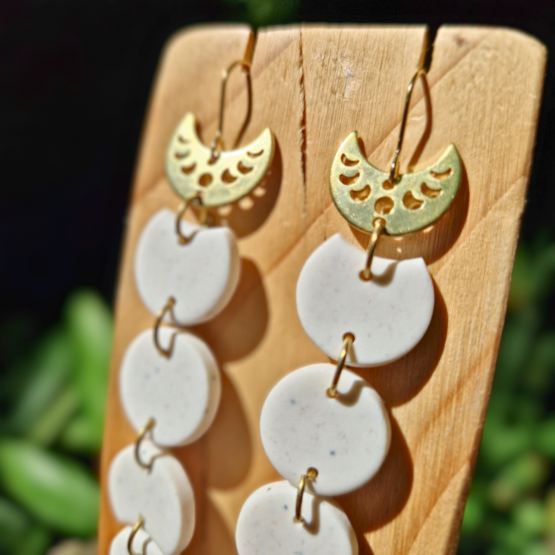 Speckled White and Gold Moon Phase Drop Earrings