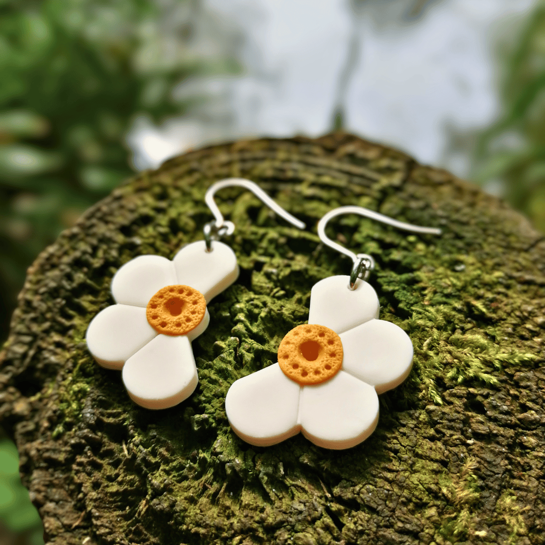 Close up Detail Image of our Half Daisy Hook Earrings in Nature.