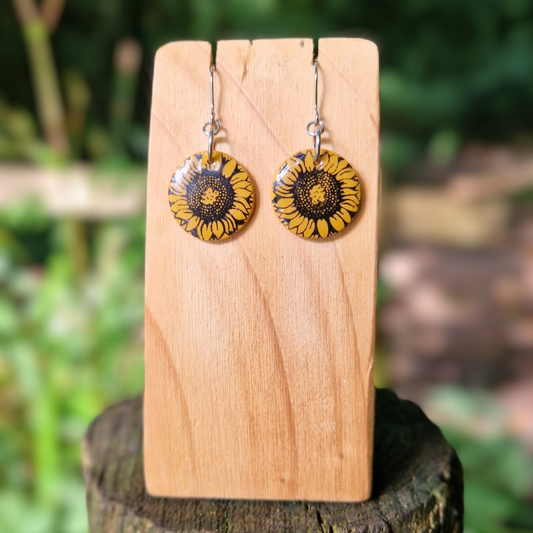 Circle Sunflower Print Hook Earrings