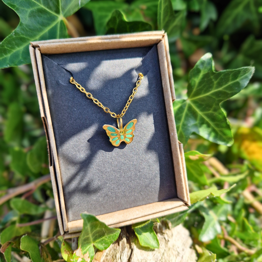 Polymer Clay and Resin Butterfly charm 20" Necklace | Turquoise