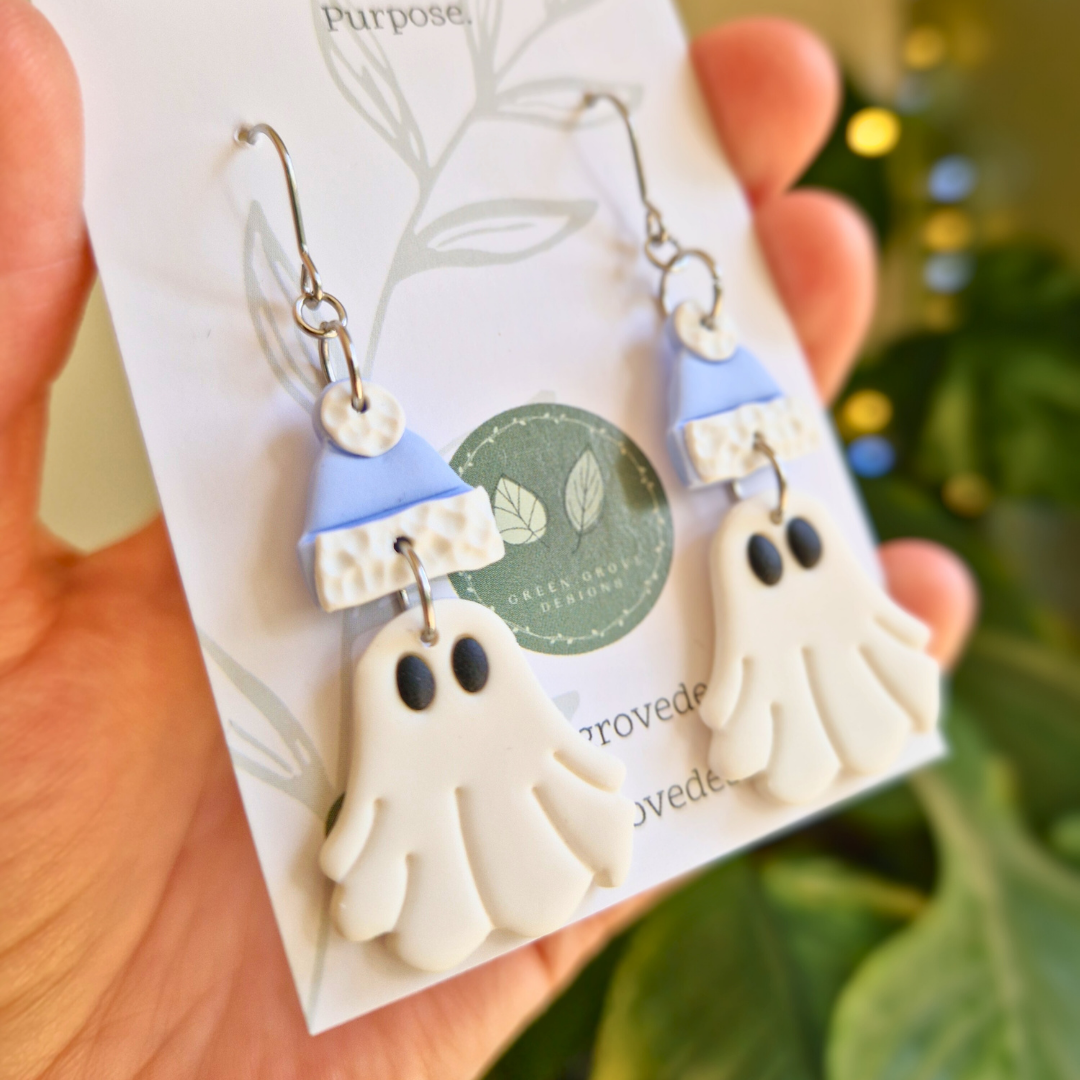 Bobble Hat Winter Ghost Drop Earrings